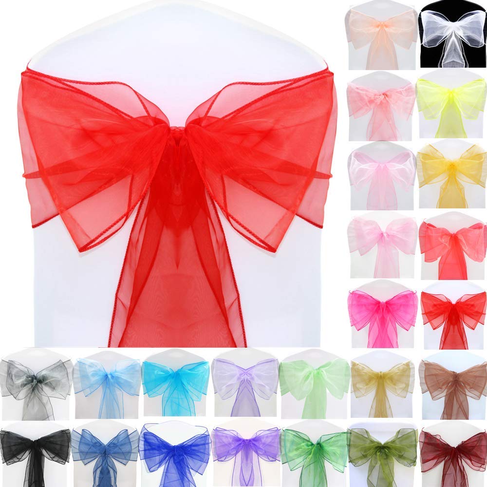 BigBigShop Pack of 10 Organza Chair Ribbon Bow, Chair Covers Chair Sash, Organza Ribbon for Wedding Party Decoration (Purple), red, Pack of 10