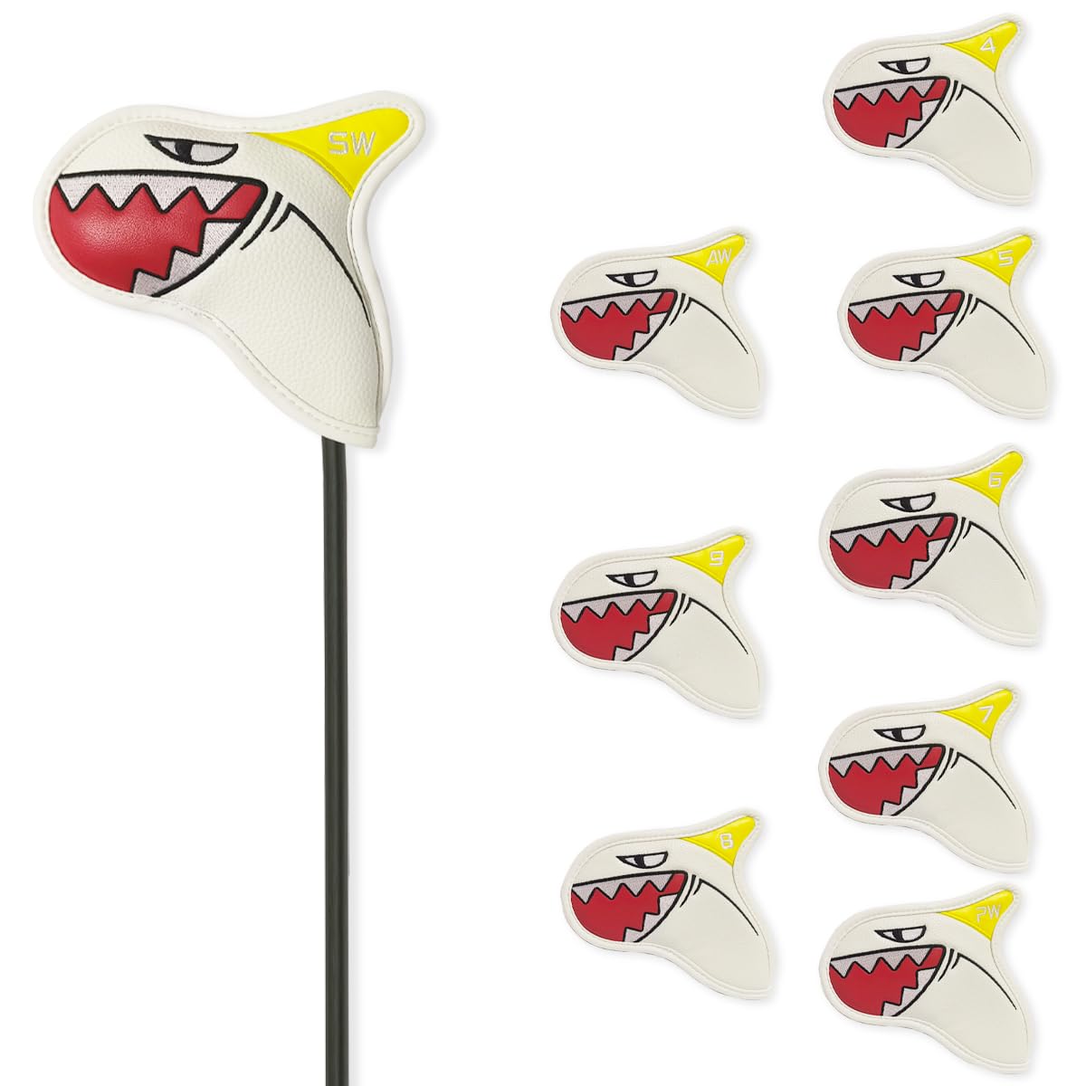 Scott Edward 9Pcs Golf Club Iron Head Covers Protector PU Leather Embroidery Number Fit Well Club 4-9/A/P/S (White Shark)