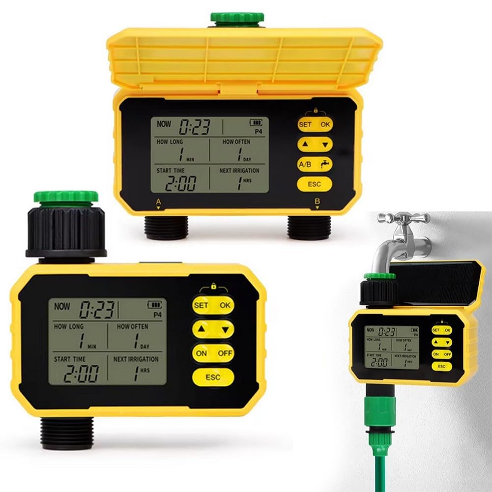 Timer sostenibile per irrigazione da giardino con 12 prese a energia solare, include funzionalità di rilevamento intelligente della pioggia (2 uscite)