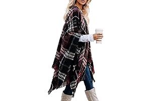 Women's Boho Open Front Loose Knitted Plaid Shawl Wrap Cape with Tassel