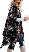 Bestshe Women's Boho Plaid Poncho Sweater: Open Front Knitted Shawl Wrap Cape Tassel Cardigan - Lightweight Cozy Fall Winter Layer