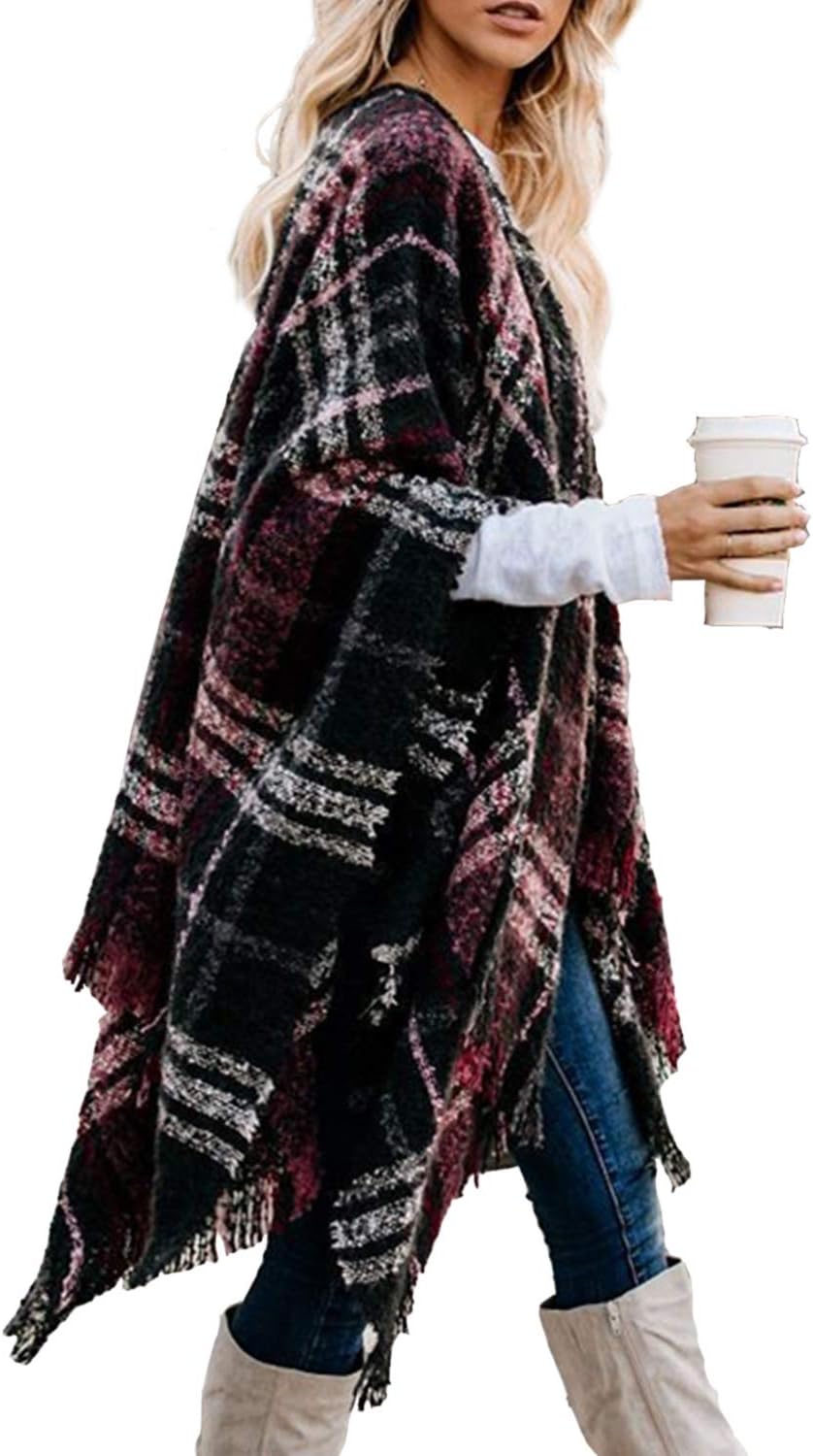 Women's Boho Open Front Poncho Knitted Plaid Shawl Wrap Cape Tassel Cardigan Sweater