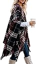 Bestshe Women's Boho Open Front Poncho Knitted Plaid Shawl Wrap Cape Tassel Cardigan Sweater