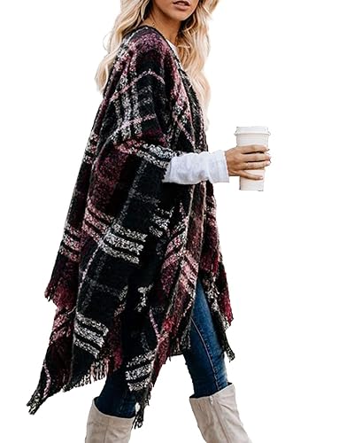 Women's Boho Open Front Poncho Knitted Plaid Shawl Wrap Cape
