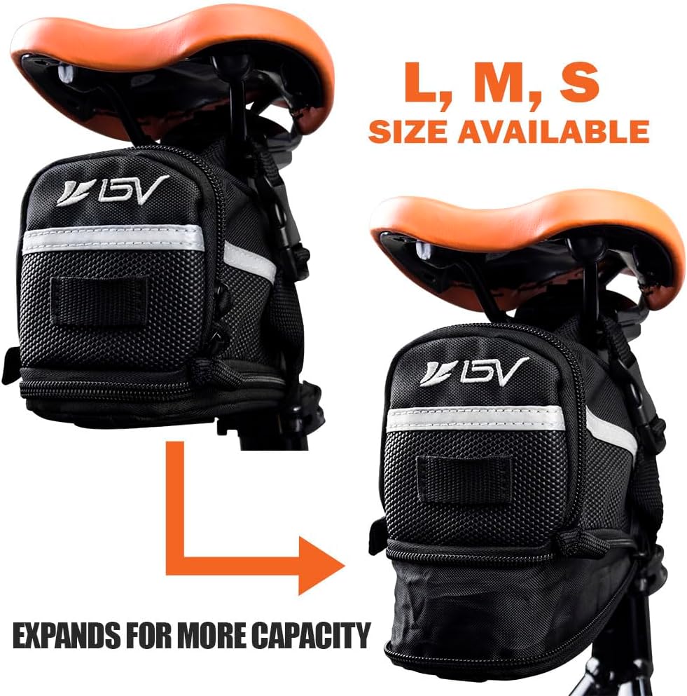 BV Strap-On Bike Bag with Reflective Material - Saddle Bag with Seperate Divider for Small Items for All Your Essentials - Bike Pouch with Taillight Hanger for Maximum Safety (Saddle Bag, Medium)