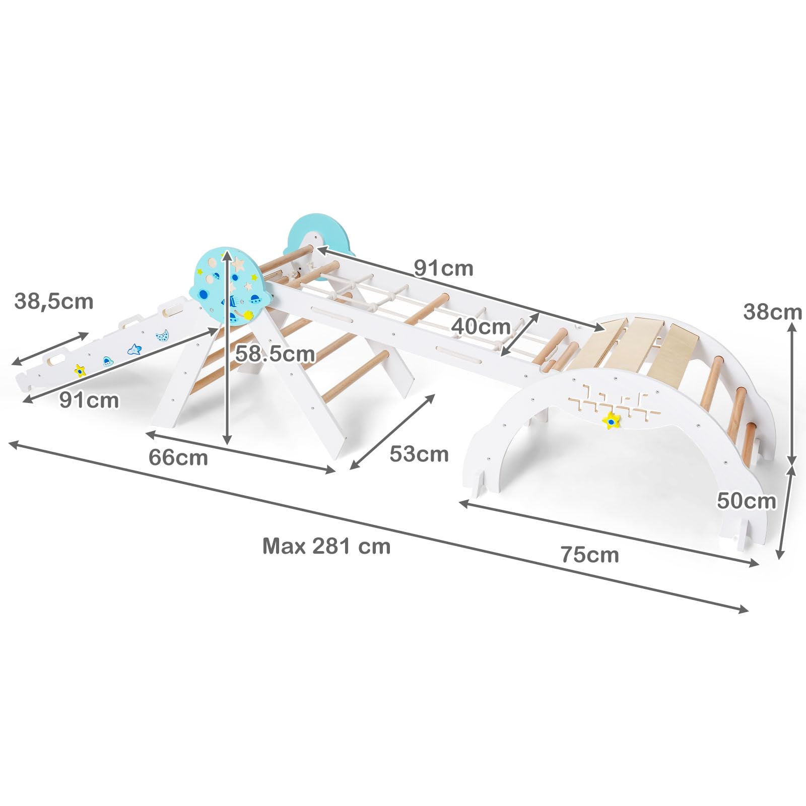 HOMASIS 4 en 1 Triángulo de Escalada Montessori, Estructura para Escalar con Arco, Rampa, Cuerda y Escalera, Área de Juegos Educativa para Niños a Partir de 3 Años. (Color Blanco)