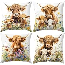Highland Cow Family Cushion Covers 45x45 cm Set of 4, Pillow Covers | Cute Cow and Calf Pillow Cases with Wildflowers for Sofa, Couch & Home Decor