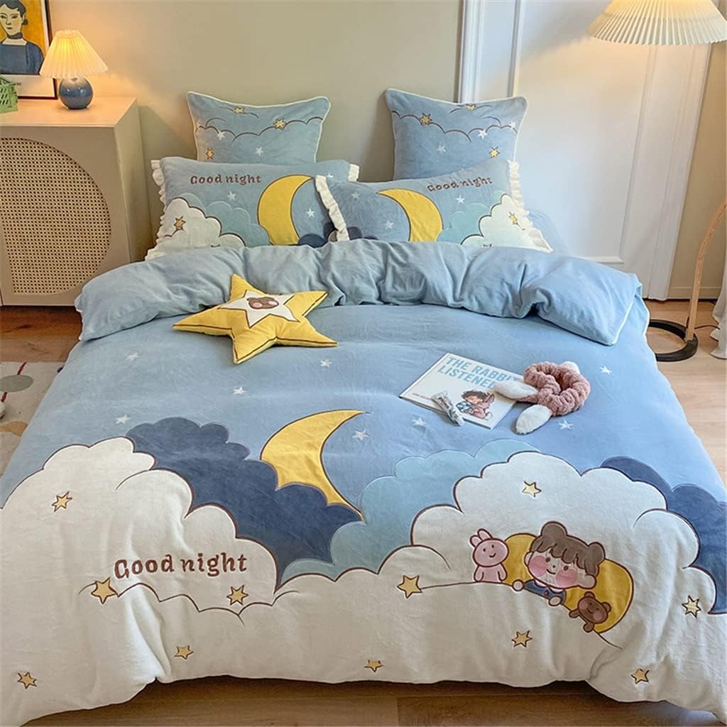 Cartoon Warm Coral Fleece Star and Moon Appliqué Embroidered Four-Piece Stitching Quilt Cover Thickened Milk Fleece Bedding,5piece Suit-1.8m