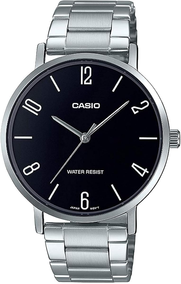 Reloj analógico redondo Casio de piel negra con relieve de cocodrilo, plateado/negro, 46 ​​× 40 × 8,2 mm, pulsera
