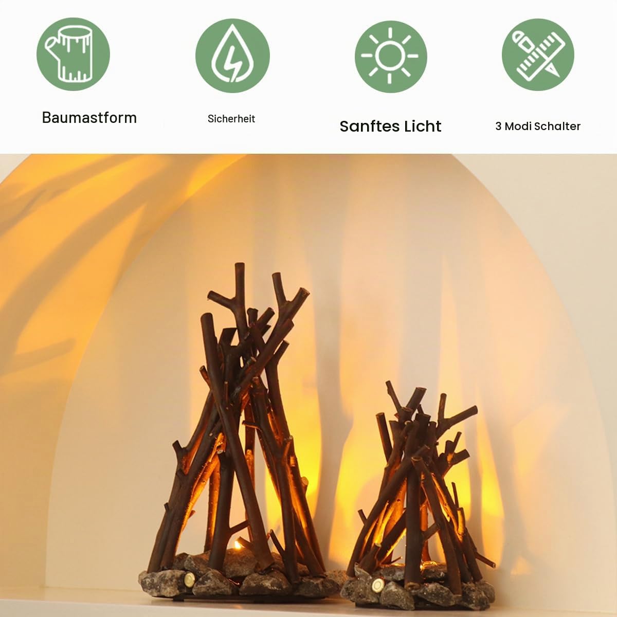 Retro Lagerfeuer Lampe mit Wiederaufladbare LED Flamme Licht Lagerfeuer Effekt Baum Zweig Form 3 Modi Sicherheit Indoor Outdoor für Tabletop Home Weihnachtsdekoration