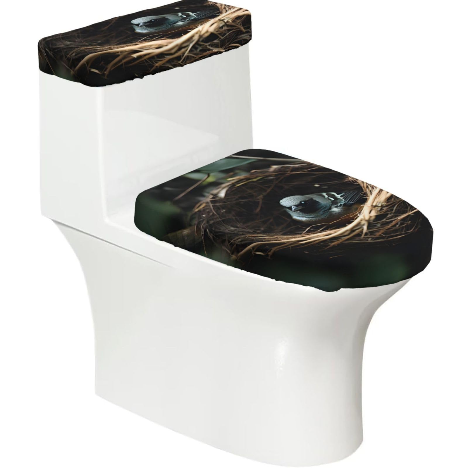 Cntdbu Black Little Bird Nest Stretchy Toilet Lid And Tank Cover Set-Soft Elastic Bathroom Decor For U Shape Oval