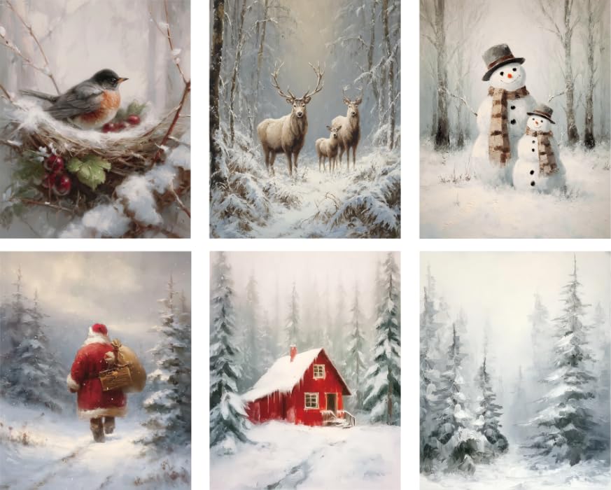 HPNIUB Framed Vintage Christmas Wall Art,Farmhouse Santa Claus Snowman Painting,Winter Xmas Tree Forest Canvas Artwork,Snow Scene Aesthetic Poster for Christmas Holiday Decor(20x25cm)