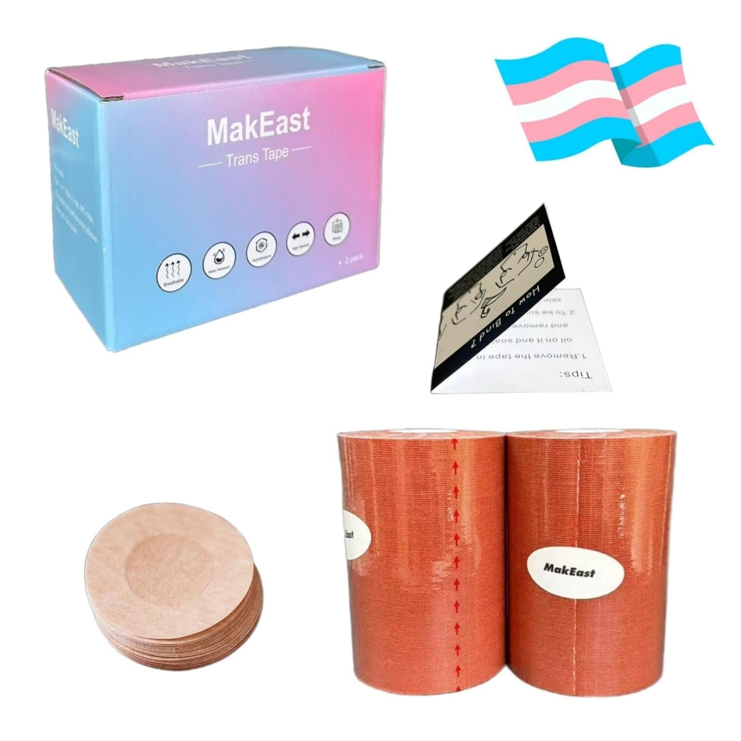 2 Rolls Trans Tape for Transitioning Extra Wide Chest Binding Tape Latex Free FTM Chest Binder with Nipple Covers Ultra Sticky Waterproof & Flexible 4 in X 16.5 ft (Beige)