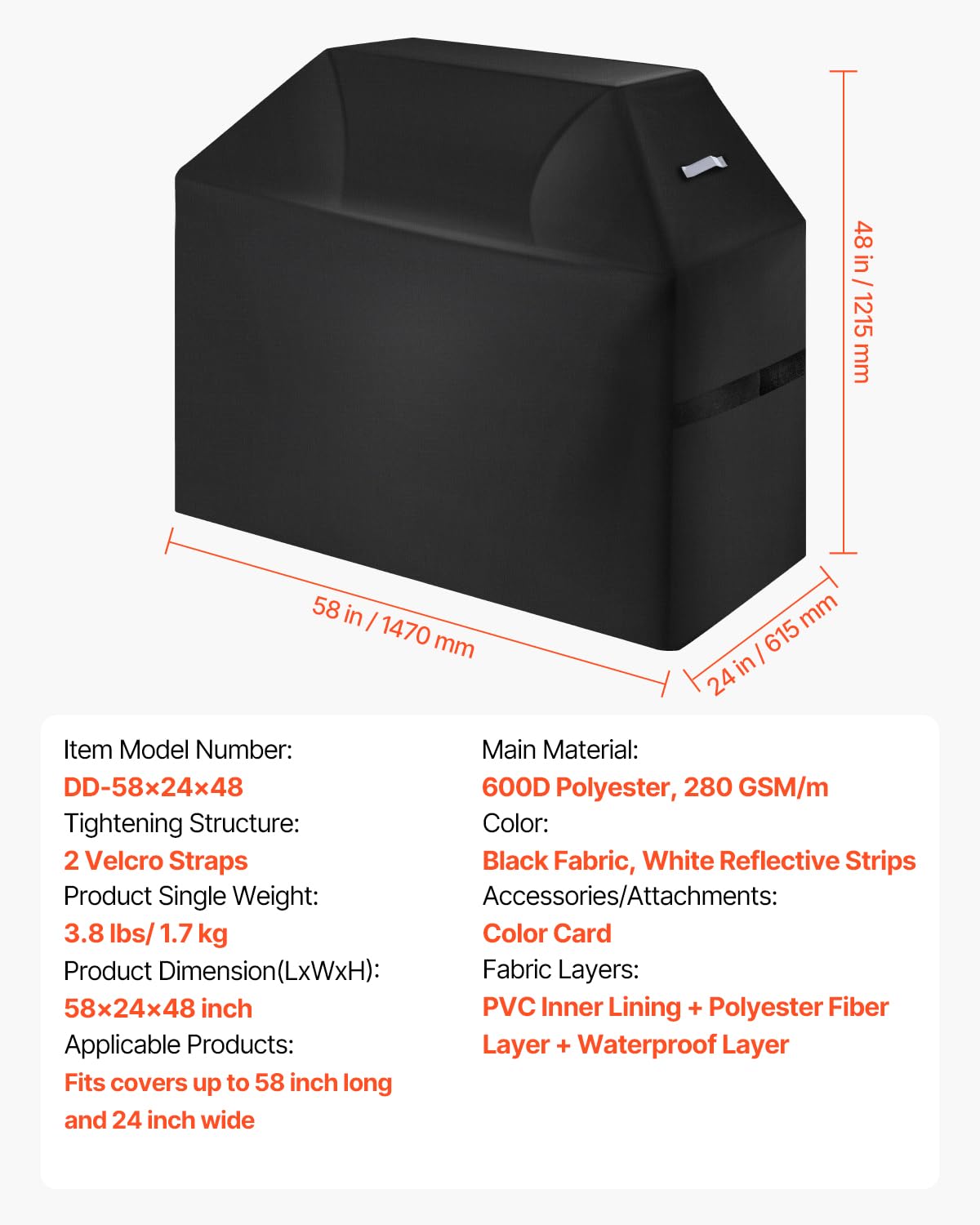 VEVOR Funda para Parrillas de Exterior, Impermeable y Resistente a la Intemperie, Poliéster 600D Duradero, 280 g/m², Fácil de Poner y Quitar, con Protección Solar, 1470 x 615 x 1215 mm, Negro