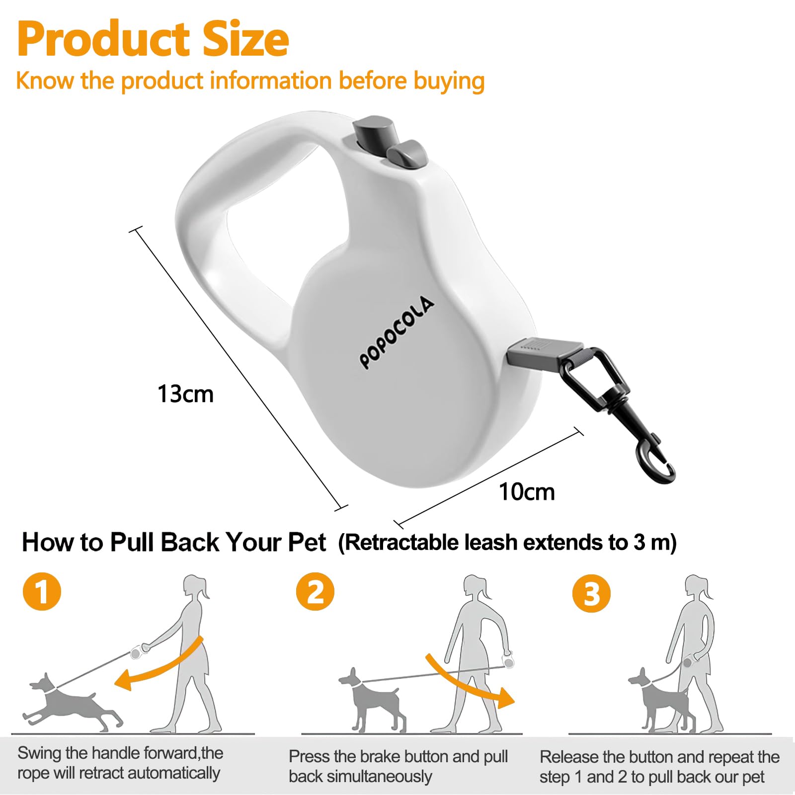 Galatée Laisse Rétractable pour Chien, Ruban en Nylon Résistant Anti-Emmêlement, Poignée Antidérapante, Laisse pour l'Entraînement Et La Course, Frein à Une Main, Pause, Verrouillage(Blanc)