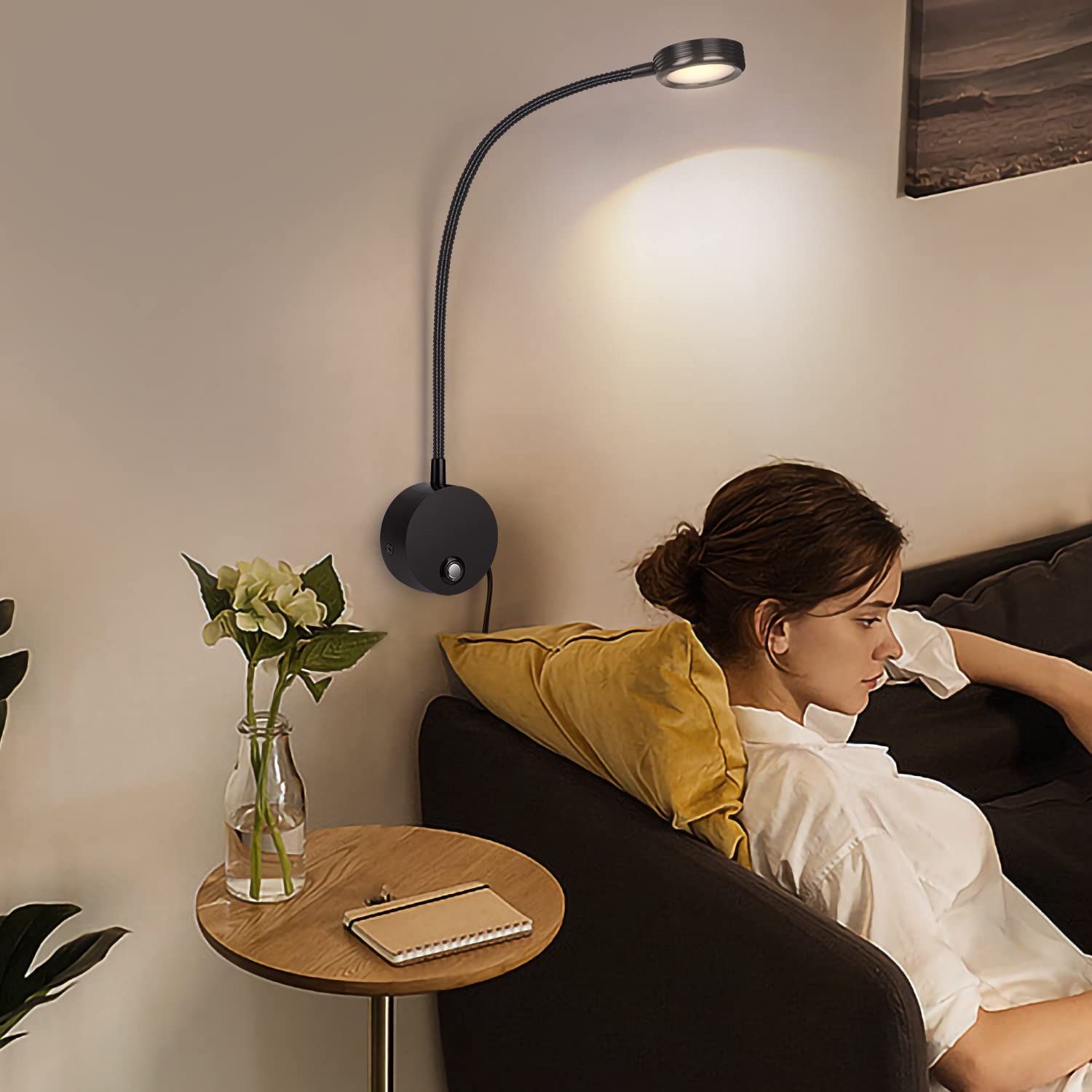 ERWEY 2pcs Lampes de lecture murales, liseuse de chevet avec interrupteur tactile dimmable 3000-6000K, port de charge USB, 4W liseuse de lit pivotante à 360° avec prise et câble pour chambre, noir