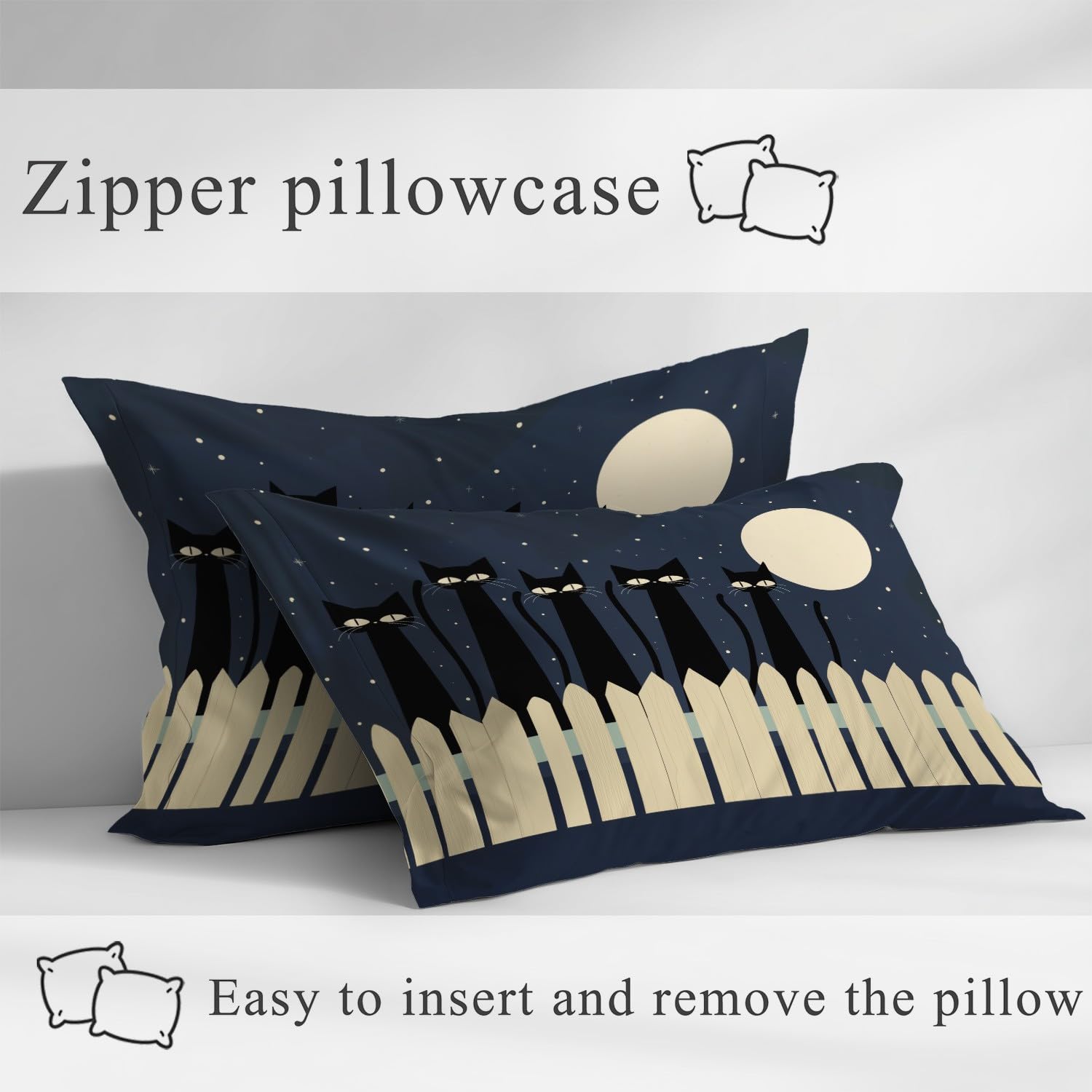 Juego de sábanas bajeras de dibujos animados con diseño de gato negro y luna y cielo estrellado, 30 cm de profundidad, microfibra transpirable, para decoración de habitación de niños y adolescentes