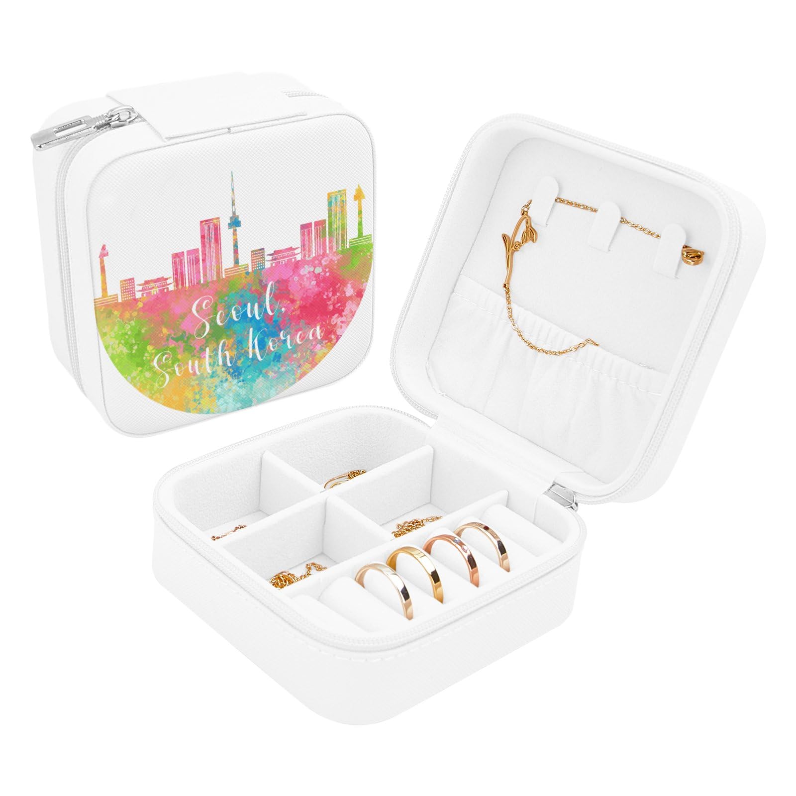 Travel Gifts for Teens Girls Women South Korea Seoul Traveling Jewelry Box Valentine's Day Gift Travel Jewelry Organizer for Women Girls Watercolor Skyline Art Leather Jewelry Box