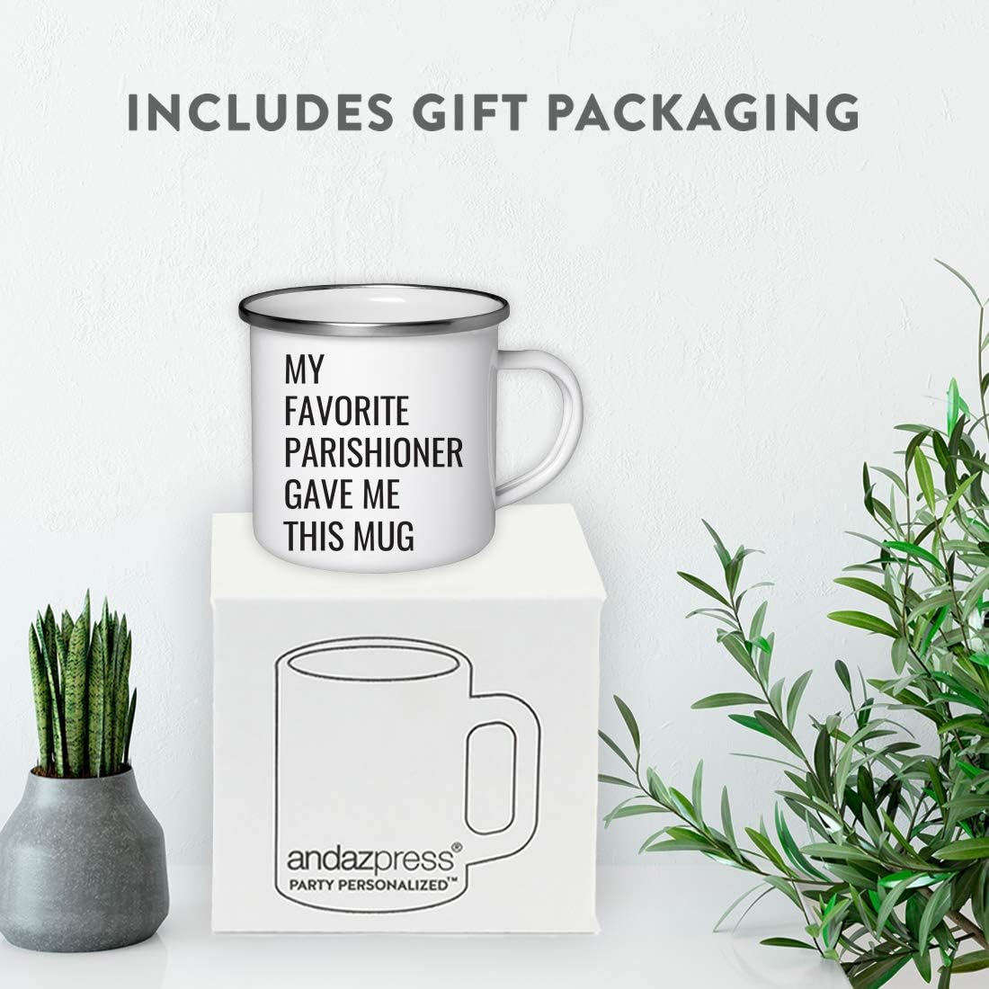 Andaz Press Funny Retirement 11oz. Stainless Steel Campfire Coffee Mug Gift, My Favorite Parishioner Gave Me This Mug, 1-Pack, Enamel Birthday Christmas Office Cup Gifts Ideas for Priest Father Pastor