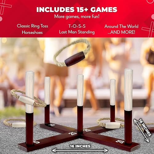 Vista 4 de SWOOC Games - Rustic Ring Toss Game (All Weather) - Easy Setup & Extra Games Included - Ring Toss Game for Adults - Outdoor Acitivities for Adults