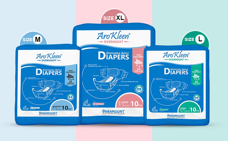 Image of AroKleen Overnight Adult Diapers Tape Style, Extra Large, 60 Count, Waist Size (127-170.18 cm | 50 inch-67 inch Inches) | 2X Absorbent, 16 Hour Protection, Wetness Indicator- Pack 6