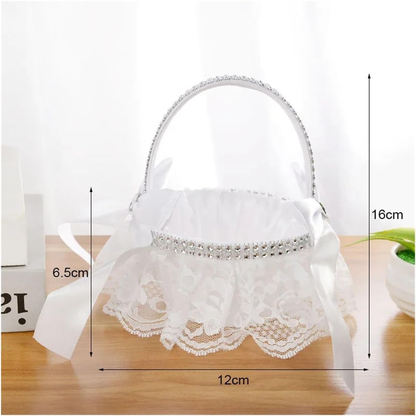 Wedding Flower Girl Basket with Lace, Lace Trimmed Flower Basket for Wedding Home Decor(White-1)