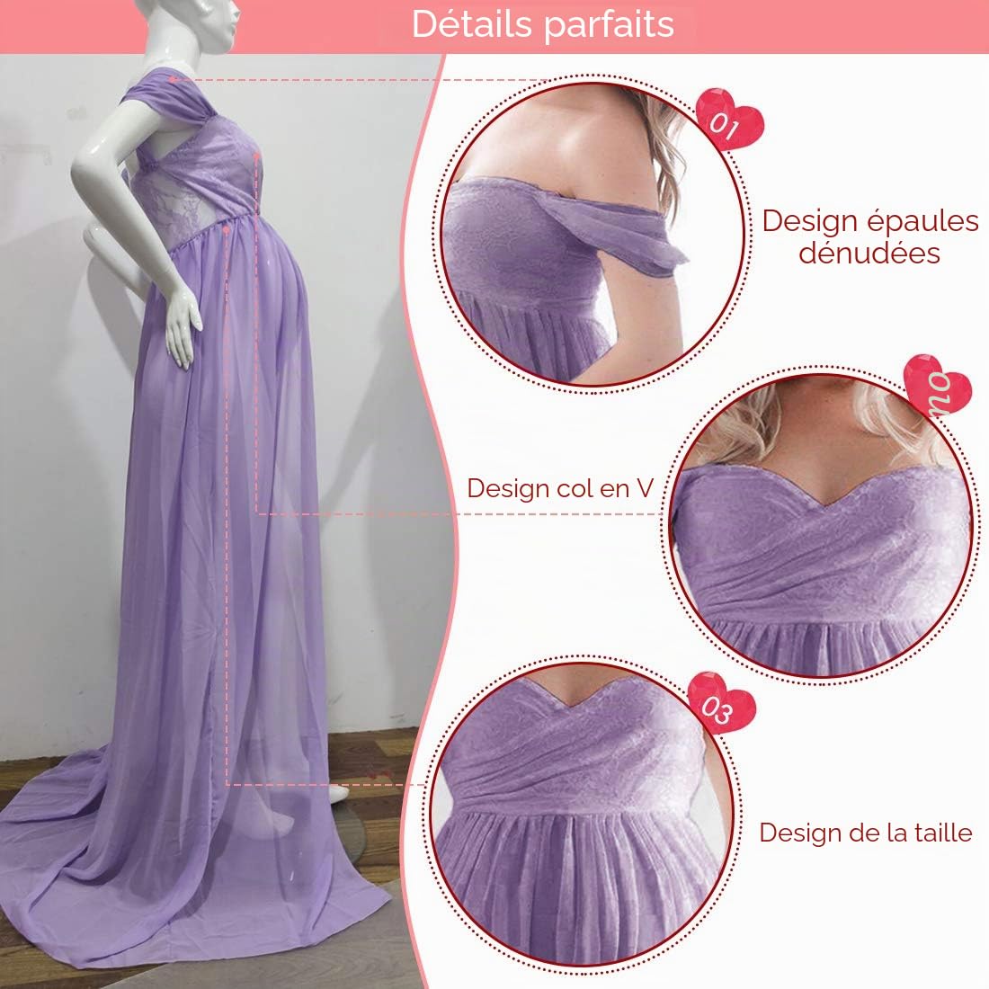 FEOYA-Robe de Maternite Hors Epaule Femmes Photographie Sexy Robe Enceinte en Mousseline de Soie pour Seance Photo Fendue Devant Ete Jupes Respirantes Maxi Longue Robe Longue,M,Violet Clair