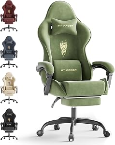 Massage Gamer Chair for Adult, Velvet Fabric Gaming Chair with Spring Cushion, Reclining Office Chairs Comfortable Recliner, Ergonomic Racing Gaming Chairs with Footrest, for Video Game Home, Green