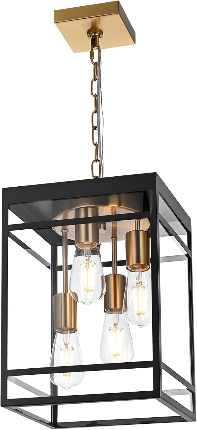 Large Outdoor Pendant Light Fixture for Porch, Black Brass Outdoor Hanging Lantern Pendant Light with Clear Glass, 4 Lights Exterior Porch Chandelier for Outside Patio,Front Door,Enterway