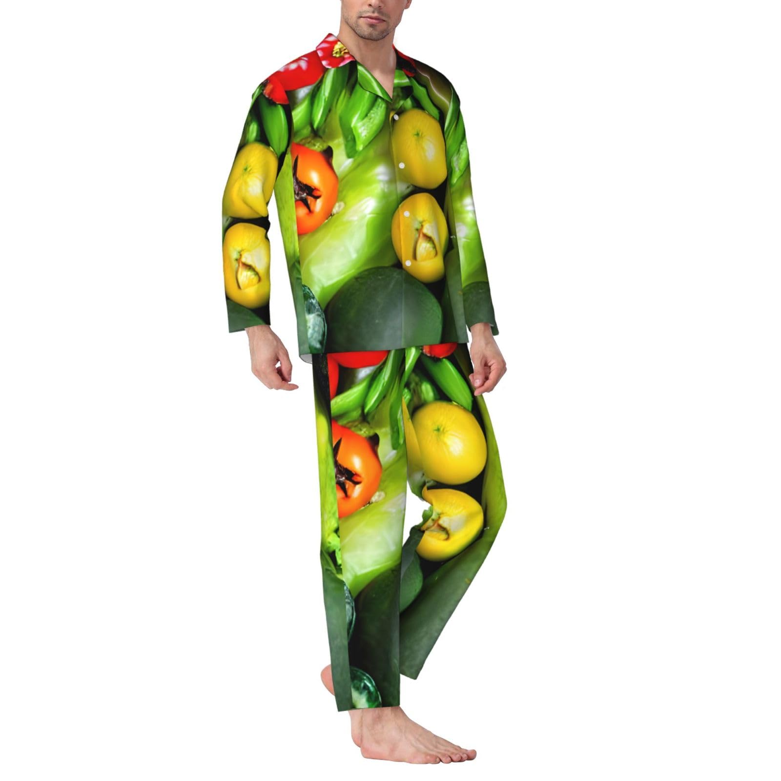 Conjunto de pijama de manga larga para hombre con estampado de frutas y verduras frescas, ropa de dormir transpirable y cómoda