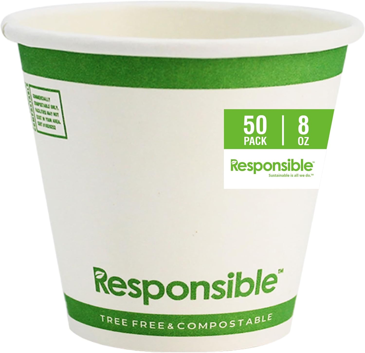 Responsible Products Certified Compostable 8 oz Paper Cups, Cold ＆ Hot Coffee Cups, Disposable Paper Cups, Extra Strength Disposable Cups, Made without PFAS (50 count)