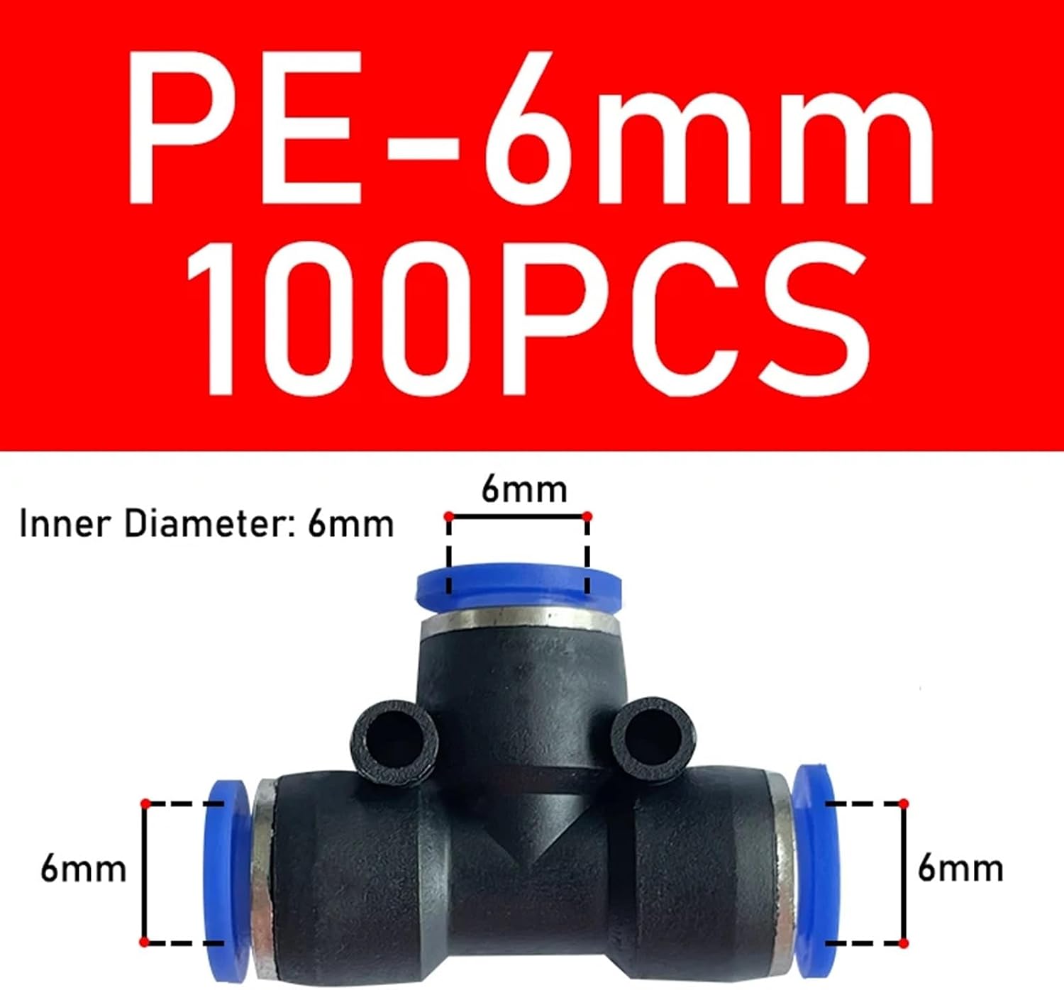 50/100PCS PE Air Connectors 4/6/8/10/12MM Pneumatic Fitting Quick Connect Slip Lock Tee 3Way Plastic Pipe Water Hose Tube (Color : PE6)