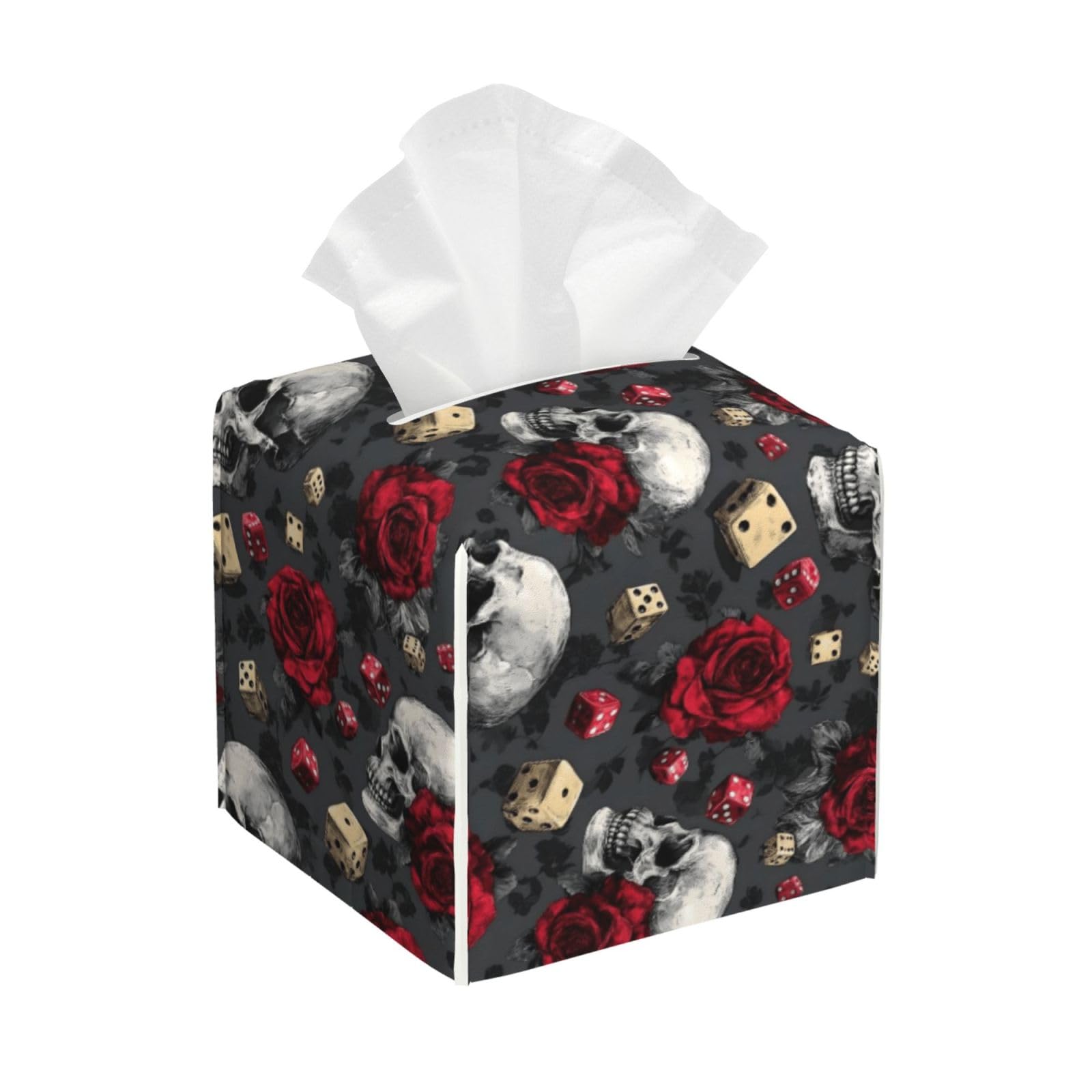Vintage Skull Rose Dice Print Tissue Box Cover Holder Square, Foldable Modern Cube Tissue Box Cover, Leather Decorative Organizer for Tabletop Bathroom Car Office Desk Decor