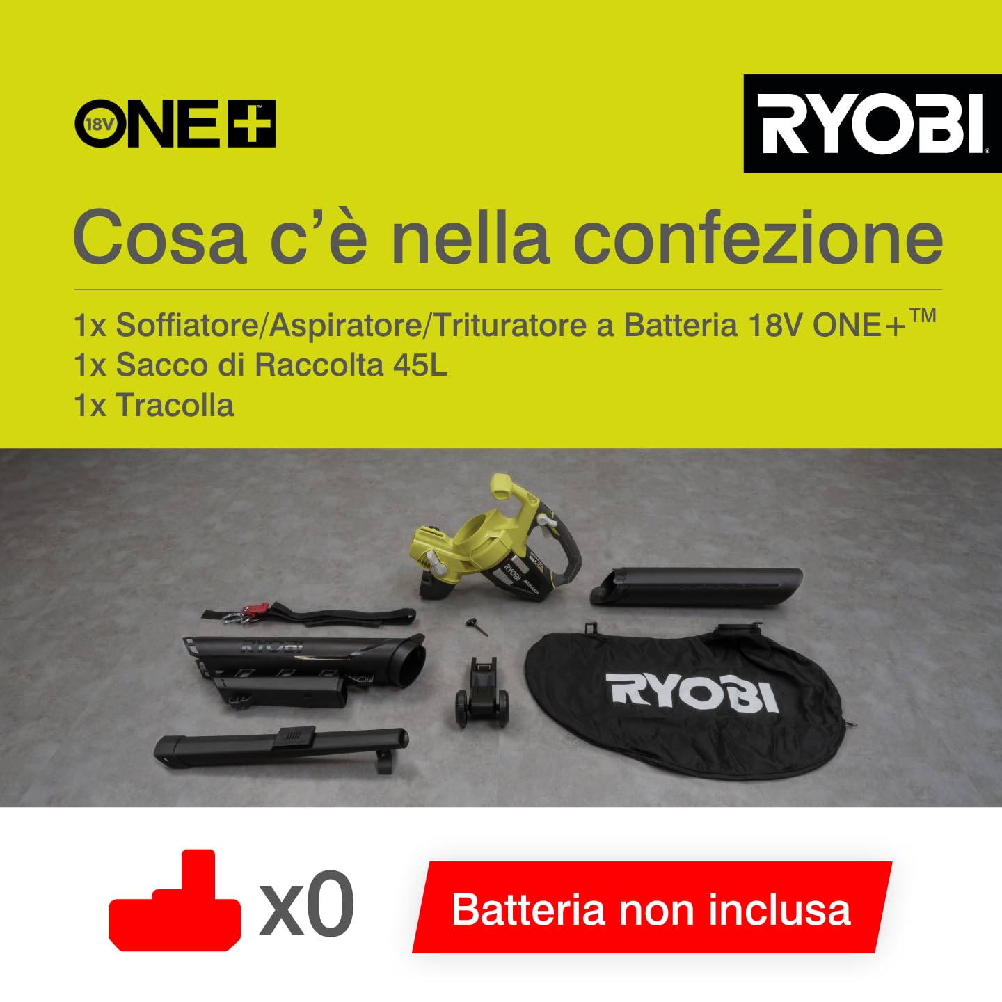 Ryobi Soffiatore Aspiratore Brushless a Batteria 18V ONE+, Aspiratore e Soffiatore 2-in-1, con Lame Metalliche Tritura Foglie, Sacco di Raccolta Incluso, Batteria Non Inclusa, OBV18