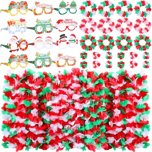 Capoda 60 Pcs Summer Christmas Decoration for Party Tropical Christmas Leis Bulk Including Leis Necklaces Wristbands Headbands Paper Glasses for Hawaiian Summer Beach Xmas Party Decor Supplies(Bright)