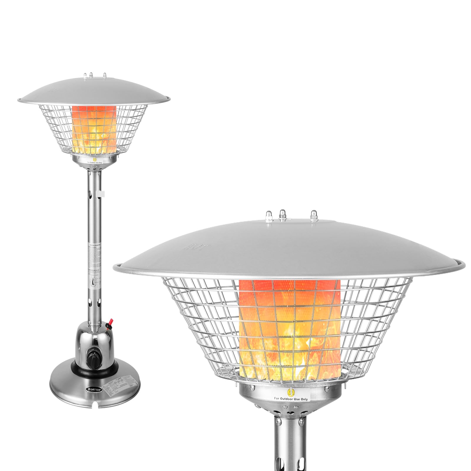 SOARS Parasol Chauffant Gaz 4000W, Chauffage d’Extérieur Portable sur Table, avec Rayon Thermique de 1,37 M, Tempétature Réglable, Tuyau de Gaz 2M, pour Terrasse, Jardin, Cour (Argenté)