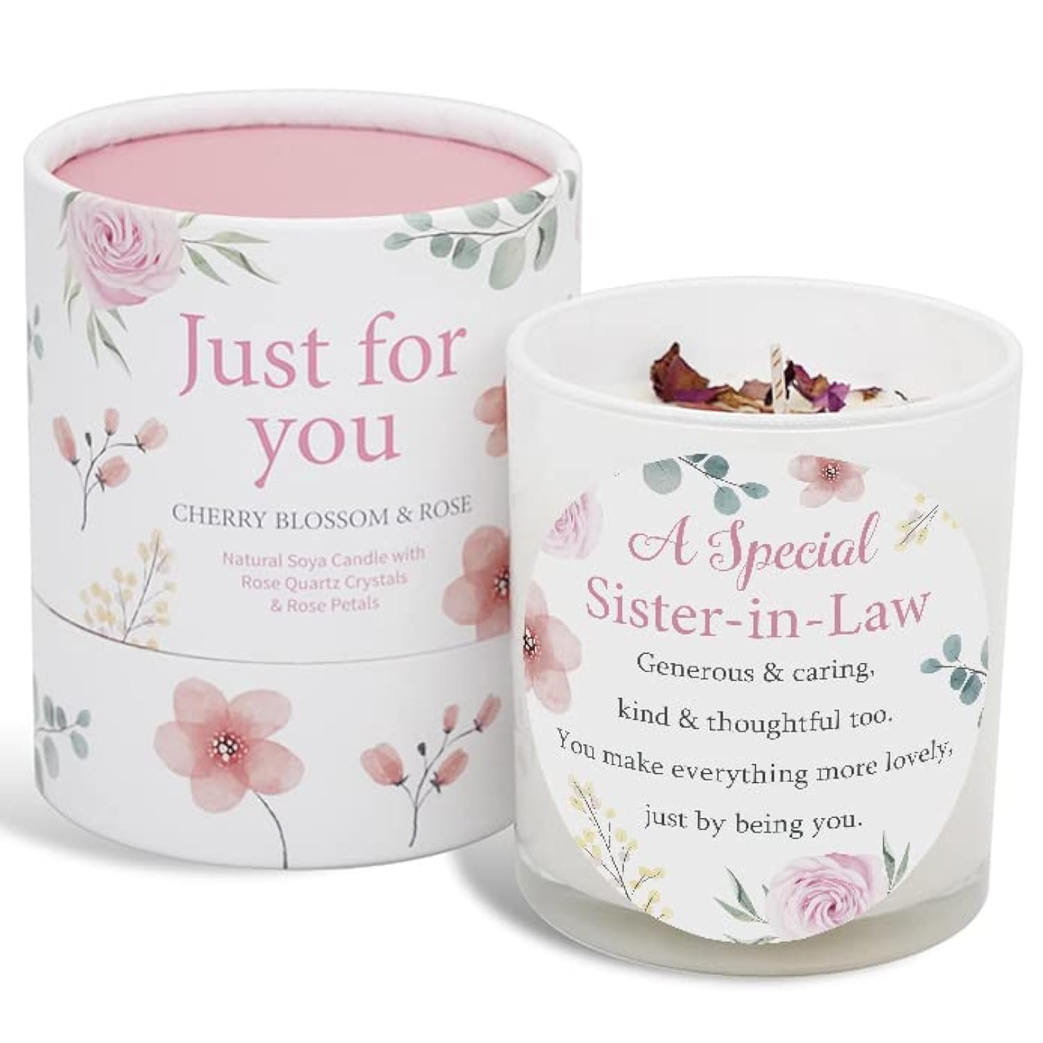 Sister-in-Law Gift Candle – Scented Soy Candle with Rose Quartz, Petals & Floral Fragrance – Thoughtful Birthday Gift – 40hr Burn Time