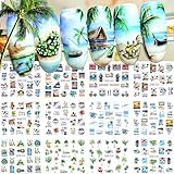 Beach Nail Art Stickers Decals Summer Nail Art Supplies Water Transfer Green Palm Sunshine Beach Sea Wave Design Cool Summer Day Nail Accessories DIY for Women Girls 12 Sheets