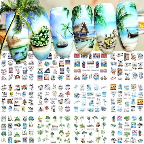 Beach Nail Art Stickers Decals Summer Nail Art Supplies Water Transfer Green Palm Sunshine Beach Sea Wave Design Cool Summer Day Nail Accessories DIY for Women Girls 12 Sheets