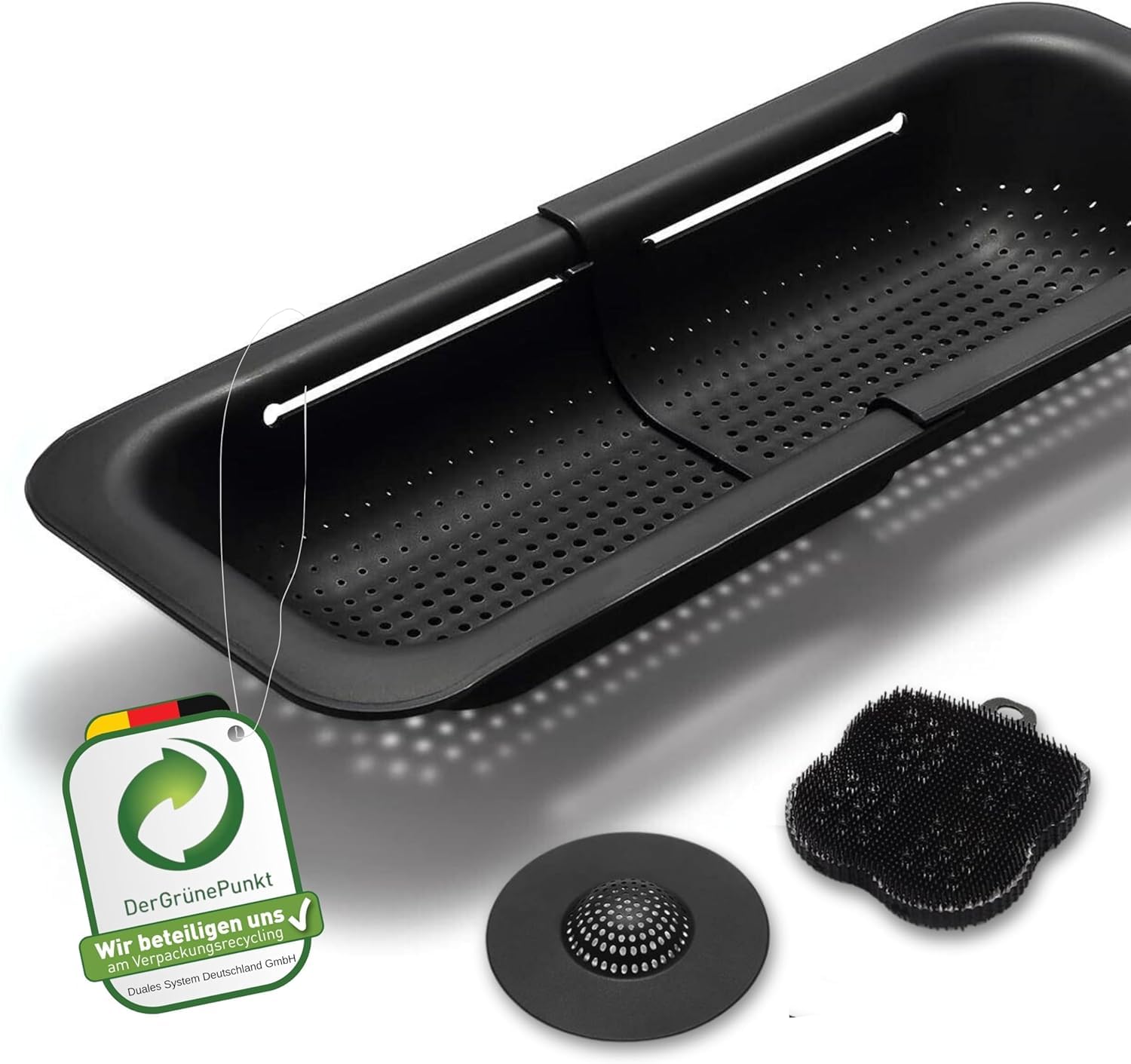 Black Sweden Home Escurridor Fregadero Extensible y Montable - Colador Negro con Esponja de Silicona y Colador de Fregadero - Set 3 Piezas - Escurridor para Cocina y Utensilios de Cocina