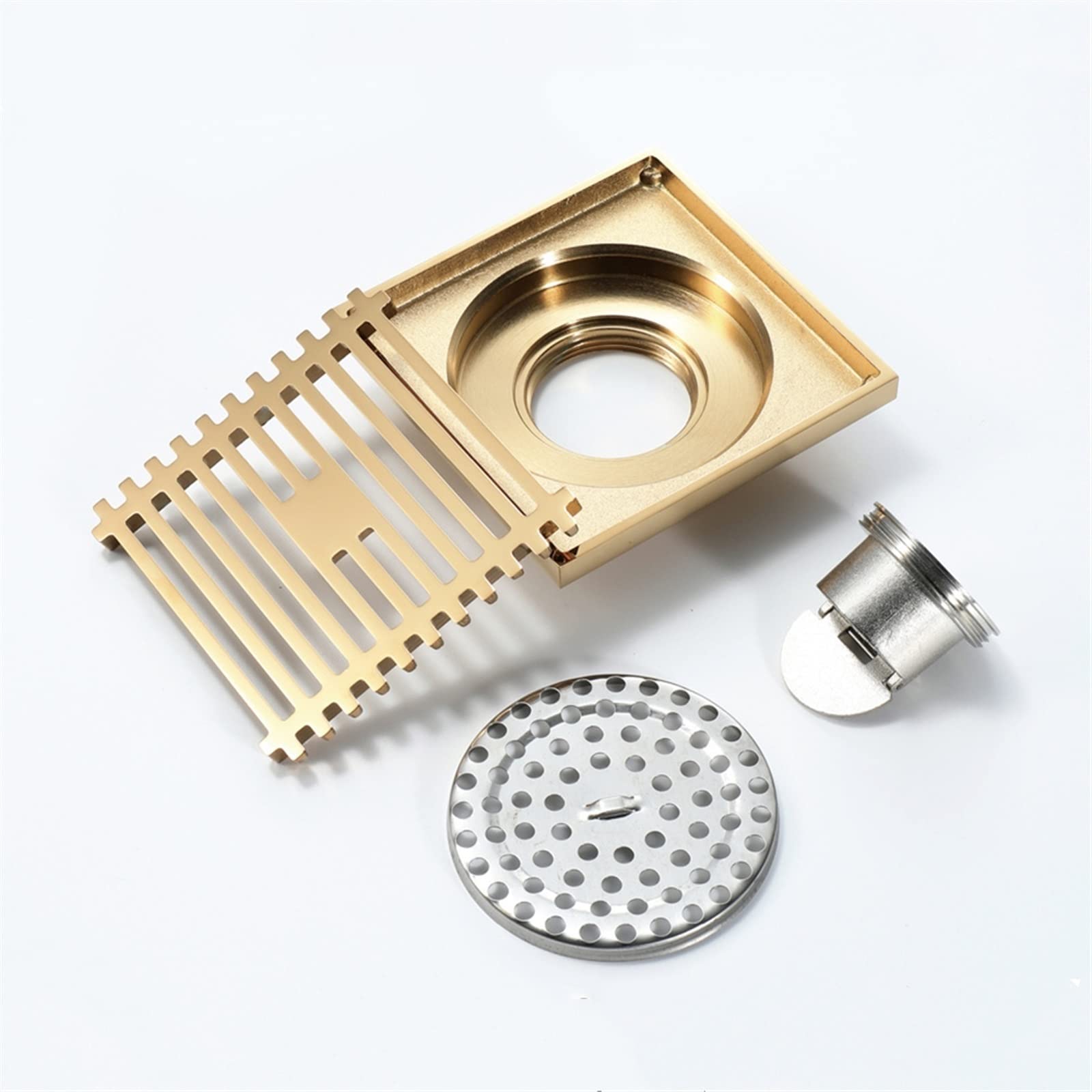 Desagüe de Suelo de Rejilla Cuadrada de 4 Pulgadas, desagüe de Suelo de Gran Desplazamiento de baño de latón champán Dorado, 10 * 10cm, 1 ud.