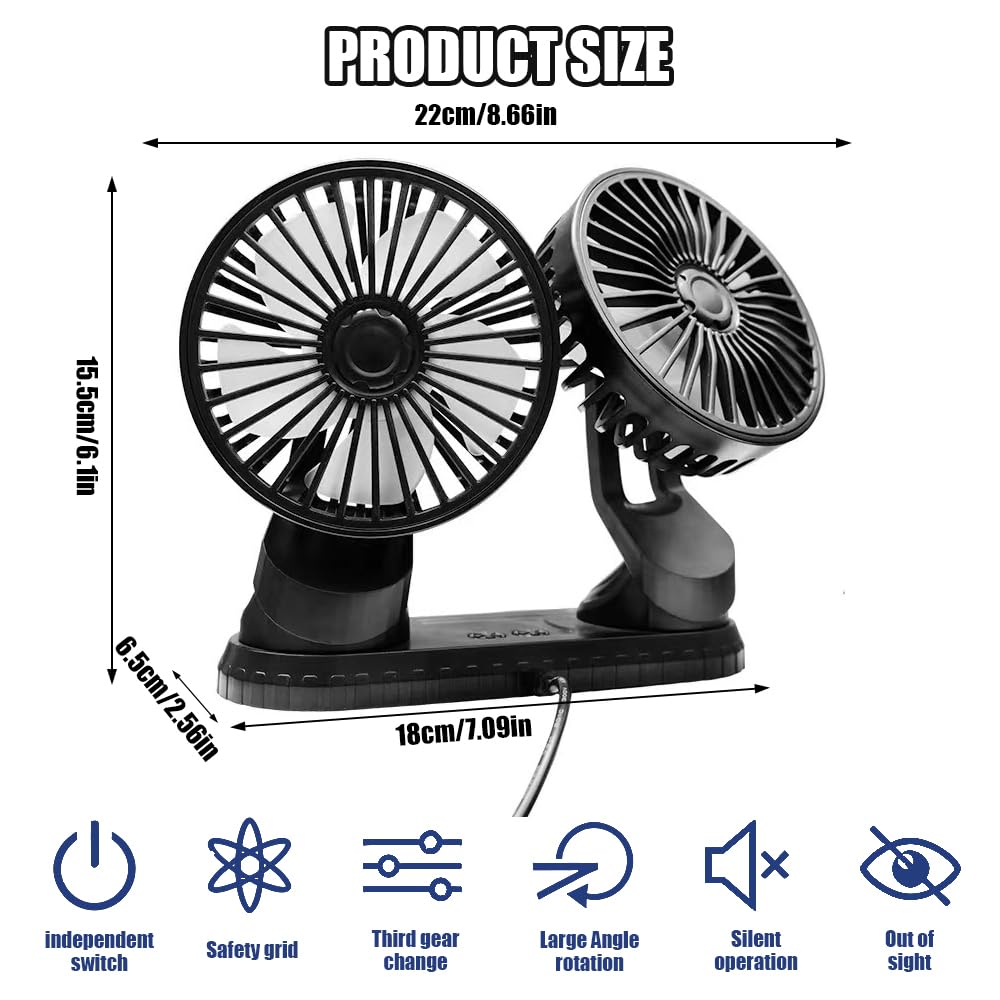 Ventilateur De Voiture 5V, Ventilateur Double Têtes USB, Ventilateurs Portables Voitures avec 3 Vitesses Et Effets Lumineux, Rotation à 360° Pour Voiture, Van, SUV, RV, Bateau