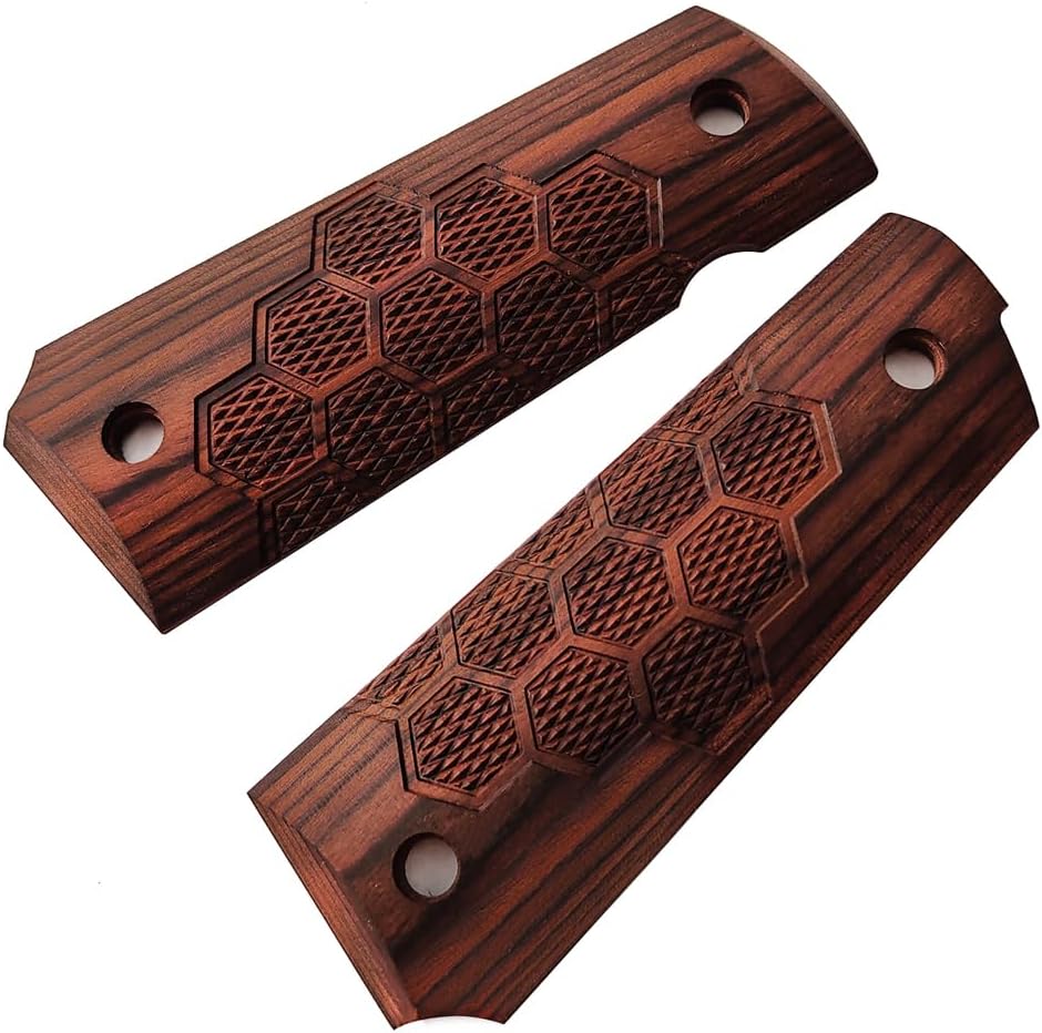 Cool Hand 1911 Wood Grips, Grips Gold Screws Included, Full Size (Government/Commander), Checker Diamond Cut or w/Patriotic US Logo or Honey Comb Texture, Ambi Safety Cut