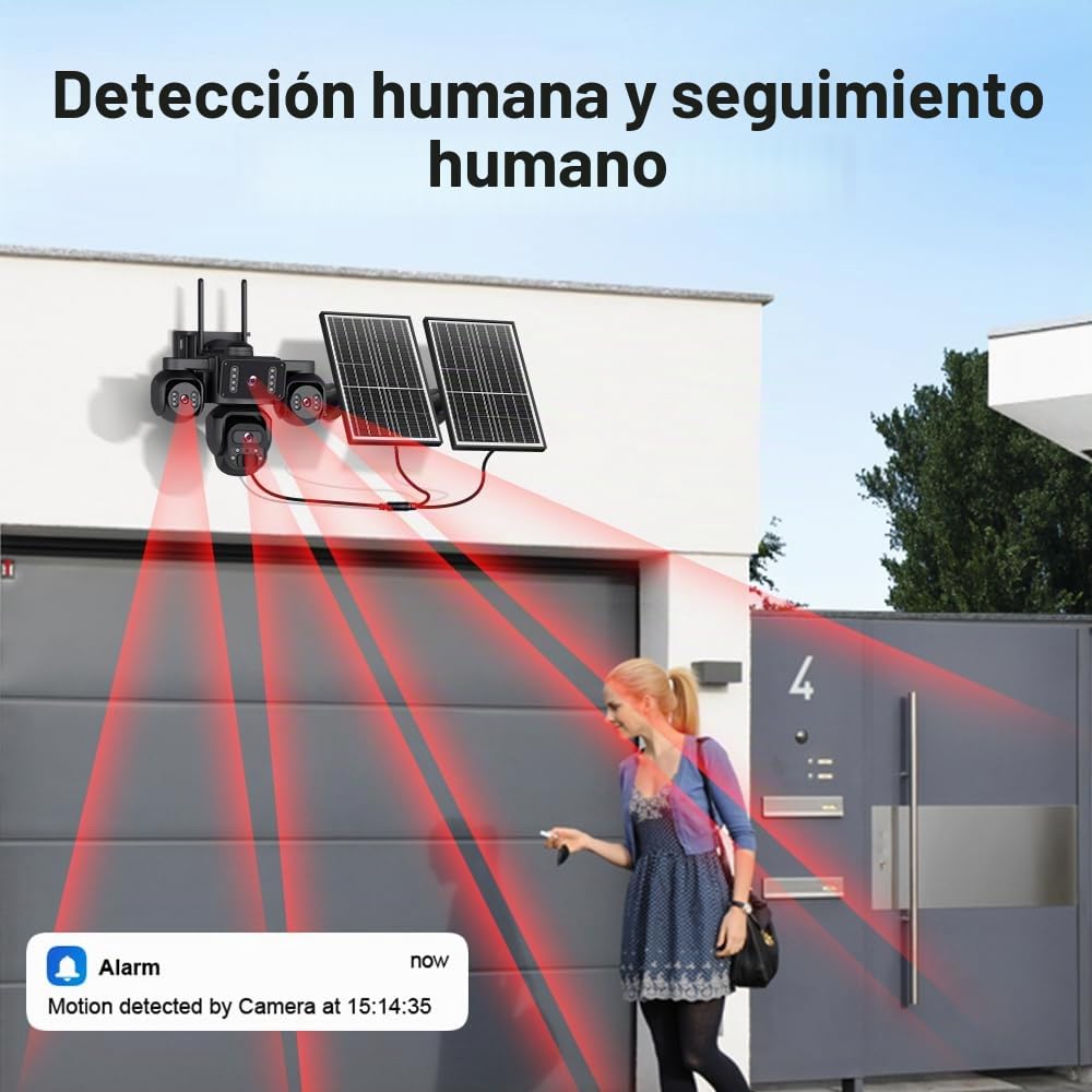 SHIWOJIA 4G AOV Cámara solar 【Cuatro objetivos】 con tarjeta SIM 20100mAh cámara exterior inalámbrica, detección de persona 20MP HD, independiente con batería grabación continua 24/7, visión nocturna