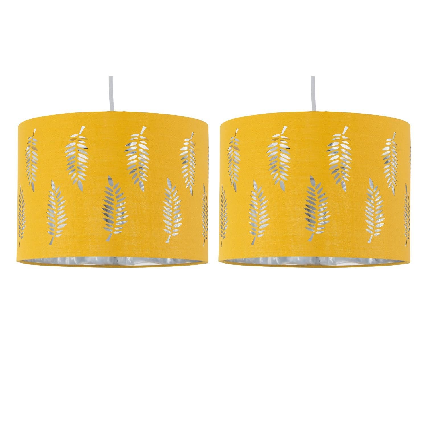 Firstchoicelighting Ochre Set Of 2 Yellow Pendant Shades, Easy Fit Ceiling Lightshades, Fern Leaf Cut Out Design, Diameter 25Cm