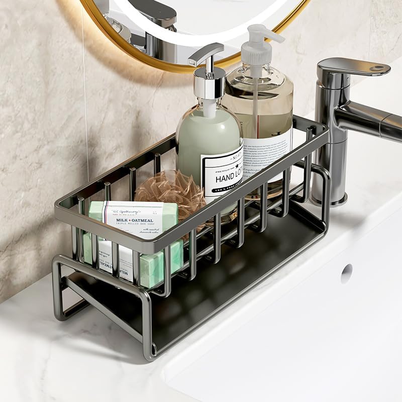 Lrpiyvo Organisateur D’Évier En Acier Inoxydable – Porte-Éponge, Brosse, Savon & Torchons Avec Bac Égouttage 45°