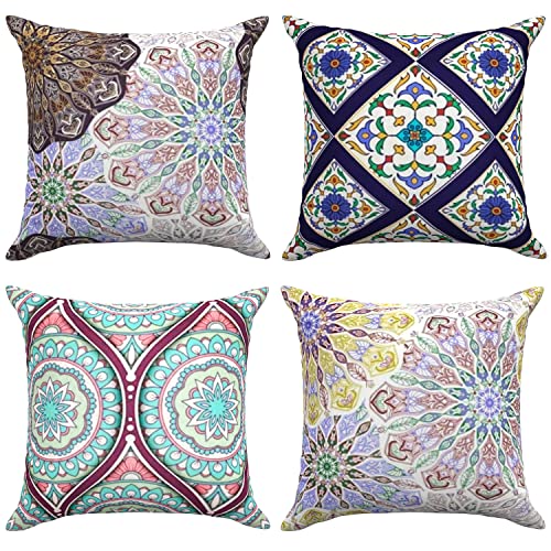 Suesoso Boho Pillow Cover 16X16 Inch Set Of 4 Farmhouse Throw Pillow Case Ethnic Mandala Vintage Multicolor Floral Bohemian Pillow Covers Arabesque Blue Gold Pillow Case Decoration For Home Sofa Bed #TOP25