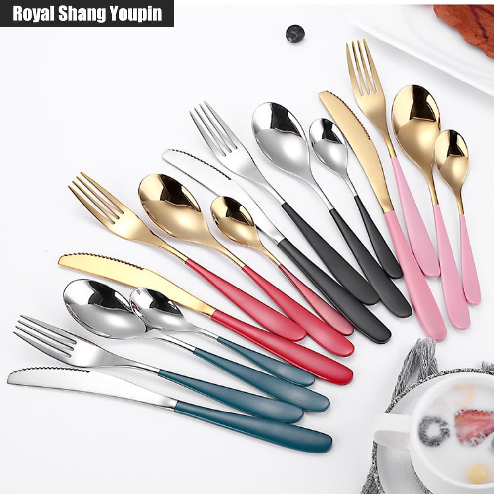 Manico Ispessente Cucina Posate in Acciaio Inossidabile Stoviglie Posate Set Di Posate Coltello Da Bistecca Forchetta Cucchiaio Cucchiaino (Verde Argento,16 pezzi)