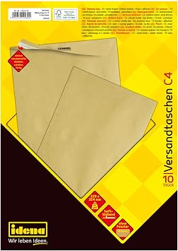 Idena 10232 Envelope DIN C4, 90 g/m2 Peel and Seal, Pack of 10, FSC Mix 10 Pieces, Without Window, Brown 10 Stuck, 90g/m2 Brown
