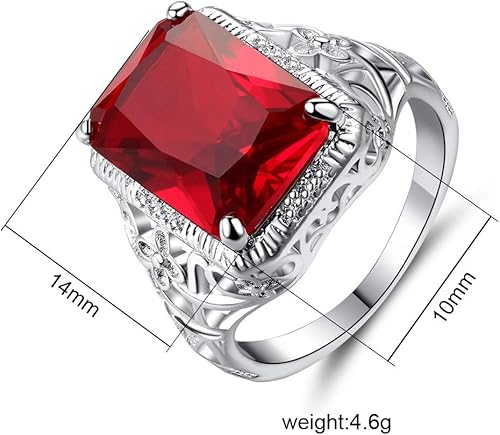 Miniatura 2 de Anillo de compromiso de rubí vintage de simulación rojo de plata tailandesa de gran quilate con patrón de flor simple cuadrado anillo de compromiso